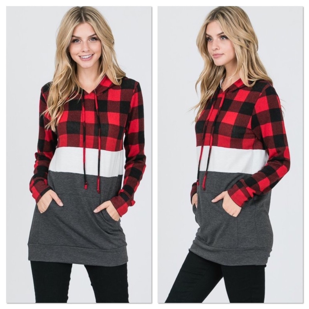 LAST ONE! Red & Black Plaid Color Block Hoodie - Picture 2 of 4